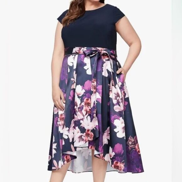 Plus Size Fit & Flare High Low Midi Dress Floral Belted Cap Sleeve Navy 20W NWT - Picture 12 of 13